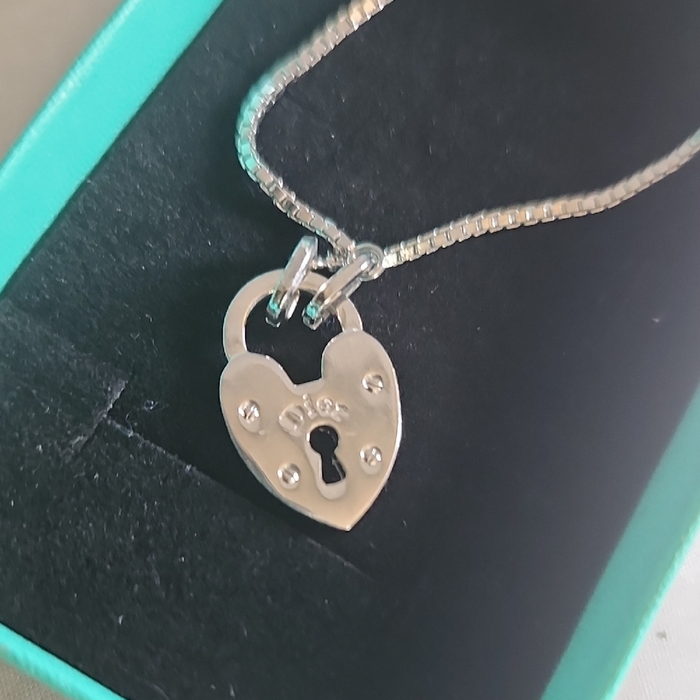 DIOR Silver Heart Lock Pendant Necklace